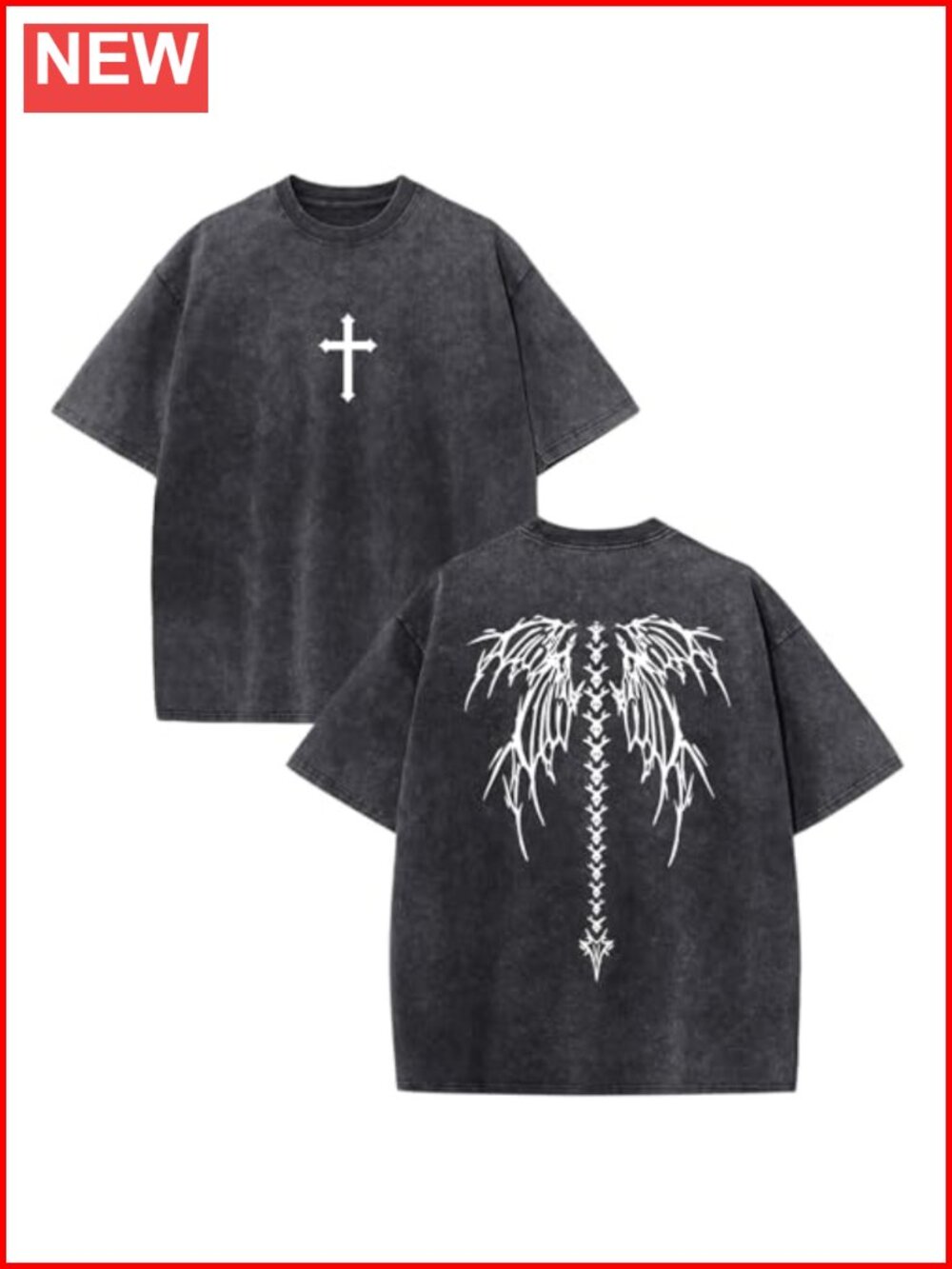 Oversized Vintage Wash Graphic Tee Cross Skeleton Wings Grunge Streetwear